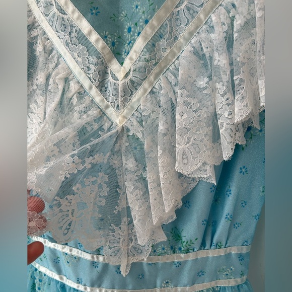 Vintage 70s Gunne Sax Style Blue Prairie Dress High Neck Lace Trim Cottagecore - Picture 4 of 15